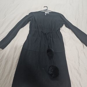 Black Long Sleeve Dress with Pom Pom Accents